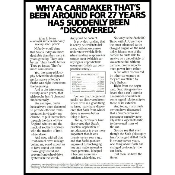 1984 Saab 900 Turbo Sports Sedan Vintage Print Ad Headlights Wet Pavement Photo - Picture 3 of 3